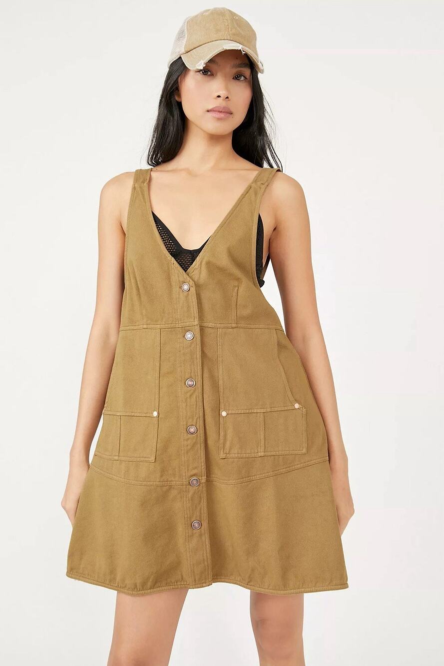 Free People Pocket Full Of Sunshine Mini Dress Button Down Denim V Neck Army XS